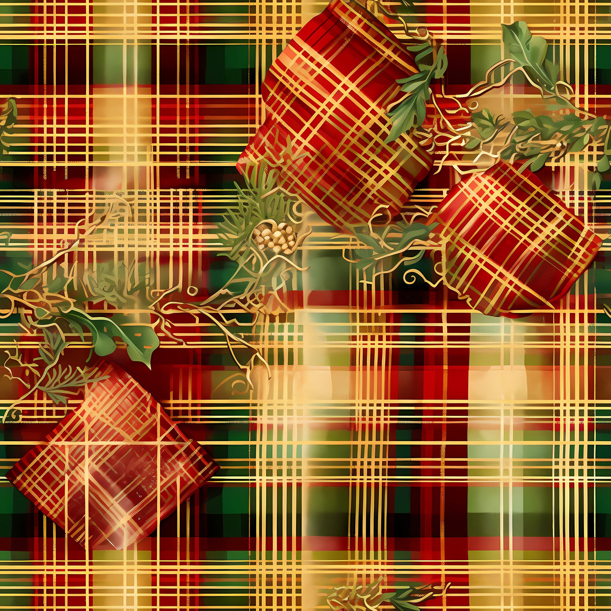 red, green, gold, christmas, plaid, tartan, checkered, gift boxes, presents, ribbons, bows, holly leaves, pineapple motifs, quilting cotton, fabric panel, holiday themed, festive, geometric patterns, layered design, warm colors