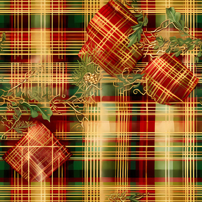 red, green, gold, christmas, plaid, tartan, checkered, gift boxes, presents, ribbons, bows, holly leaves, pineapple motifs, quilting cotton, fabric panel, holiday themed, festive, geometric patterns, layered design, warm colors