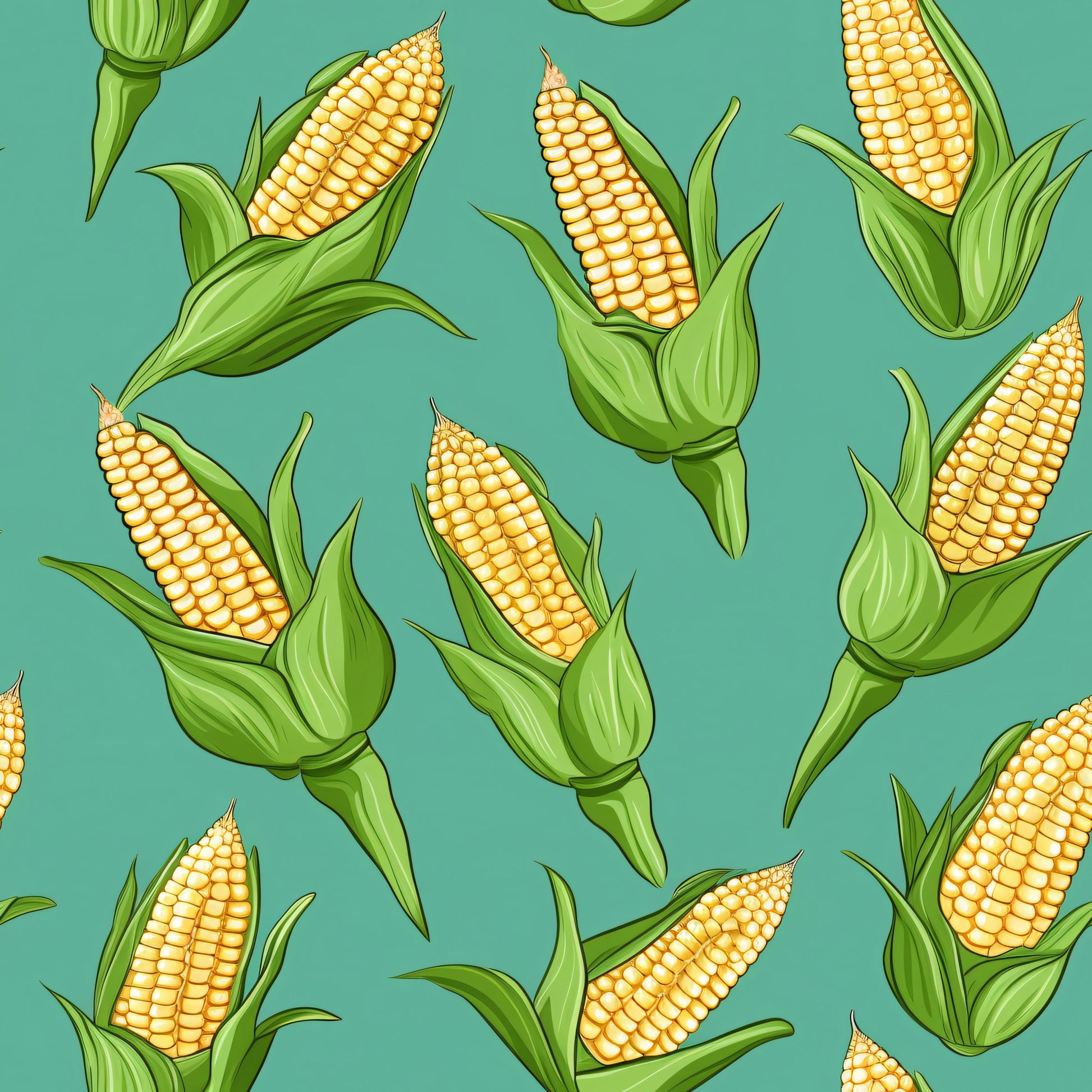 sweet corn, corn cobs, yellow kernels, green husks, teal background, turquoise, botanical pattern, vegetable motif, farming theme, harvest design, agricultural print, quilting cotton, fabric panel, summer produce, food illustration, scattered pattern, realistic style, kitchen theme, garden vegetables, corn stalks