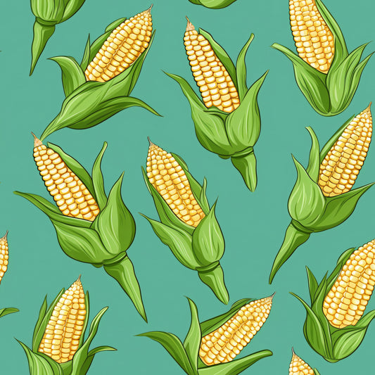 sweet corn, corn cobs, yellow kernels, green husks, teal background, turquoise, botanical pattern, vegetable motif, farming theme, harvest design, agricultural print, quilting cotton, fabric panel, summer produce, food illustration, scattered pattern, realistic style, kitchen theme, garden vegetables, corn stalks
