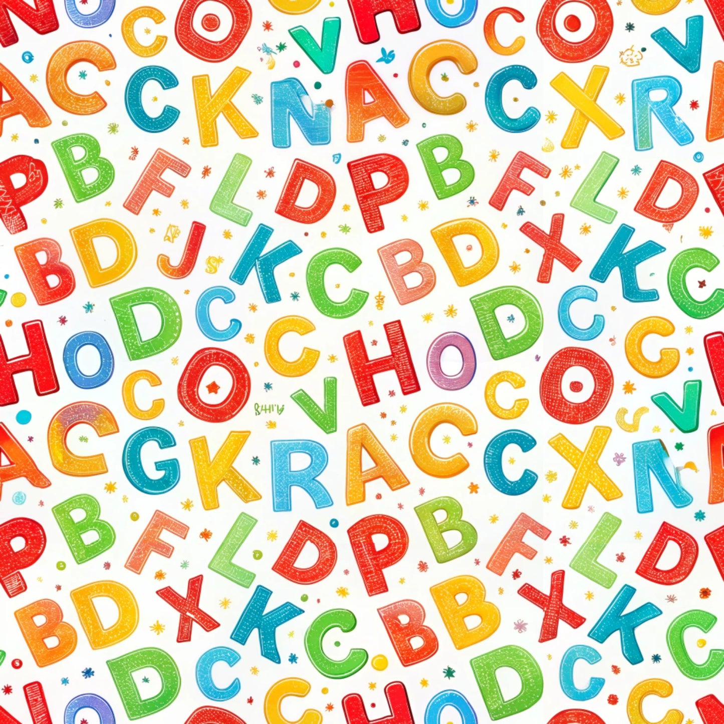 alphabet letters, colorful letters, red, blue, green, yellow, orange, scattered pattern, educational theme, back to school, quilting cotton, fabric panel, children's fabric, bright colors, learning motif, random placement, multicolored, school supplies theme, cotton fabric, craft fabric