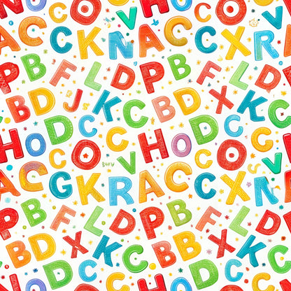 alphabet letters, colorful letters, red, blue, green, yellow, orange, scattered pattern, educational theme, back to school, quilting cotton, fabric panel, children's fabric, bright colors, learning motif, random placement, multicolored, school supplies theme, cotton fabric, craft fabric