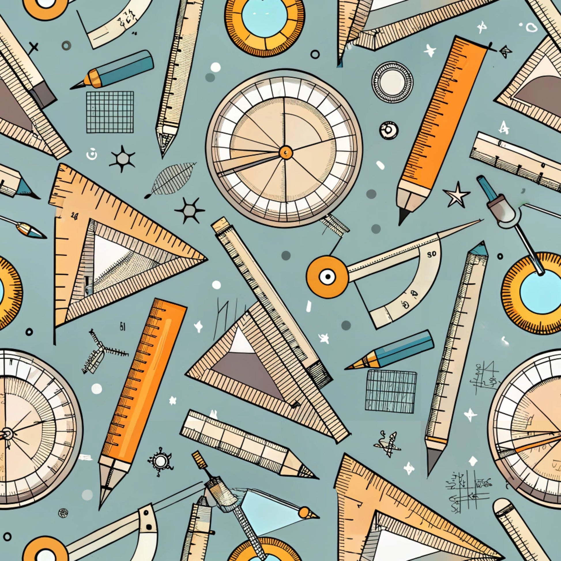 sage green, orange, cream, beige, geometric tools, rulers, compasses, protractors, pencils, triangular rulers, measuring instruments, math tools, drafting supplies, school supplies, educational theme, seamless pattern, vintage style, hand-drawn illustration, quilting cotton, fabric panel, back to school, academic motif, technical drawing, scattered layout