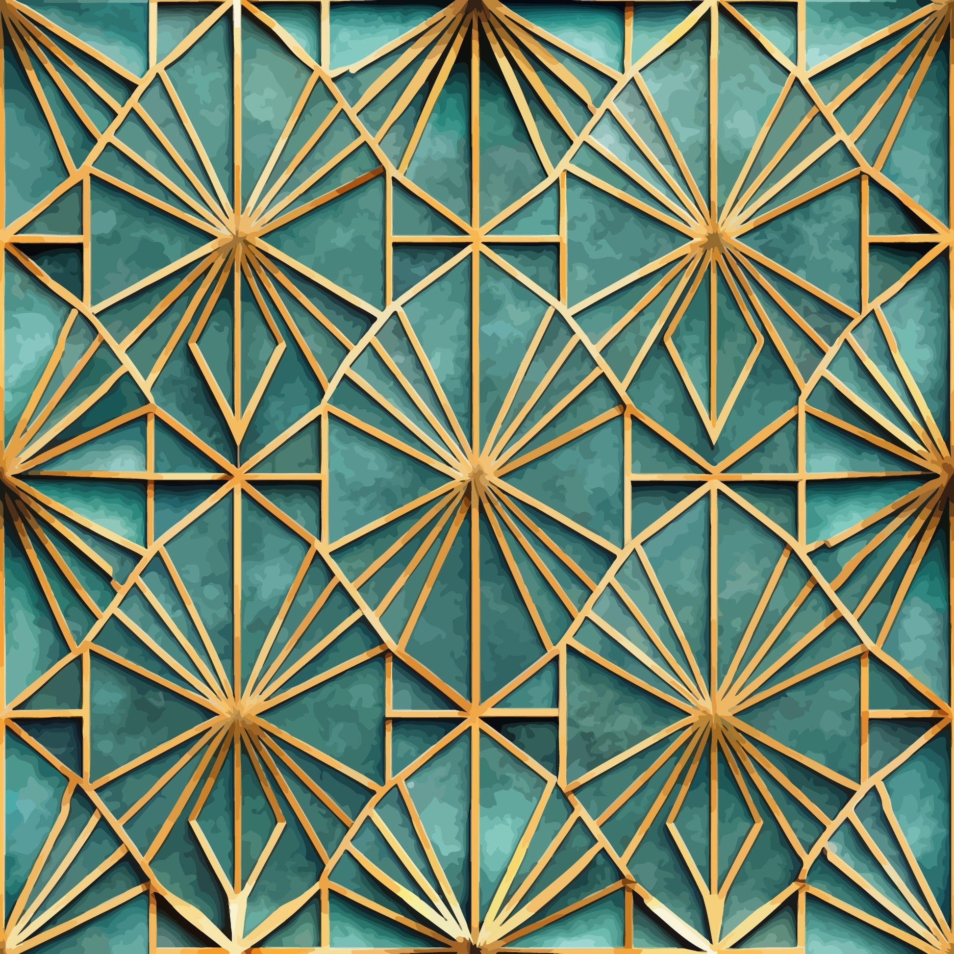 teal, gold, geometric pattern, art deco, starburst design, radial lines, angular shapes, diamond motifs, luxury aesthetic, quilting cotton, fabric panel, repeating pattern, metallic accents, sophisticated design, decorative elements, symmetrical layout, ornate details