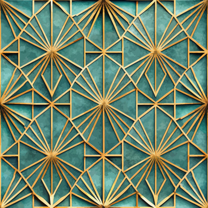 teal, gold, geometric pattern, art deco, starburst design, radial lines, angular shapes, diamond motifs, luxury aesthetic, quilting cotton, fabric panel, repeating pattern, metallic accents, sophisticated design, decorative elements, symmetrical layout, ornate details
