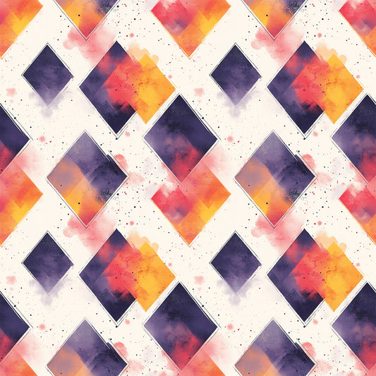 orange, purple, yellow, pink, cream, geometric diamonds, watercolor effect, mid century modern, abstract pattern, gradient colors, speckled texture, diamond shapes, contemporary design, quilting cotton, fabric panel, sunset colors, overlapping squares, modern geometric, artistic blocks, vibrant hues