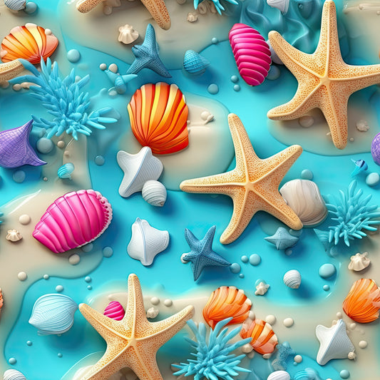 turquoise, coral pink, orange, yellow, blue, starfish, seashells, sea anemones, underwater scene, ocean life, marine creatures, vibrant colors, tropical, beach theme, summer, quilting cotton, fabric panel, seamless pattern, coastal design, aquatic motif
