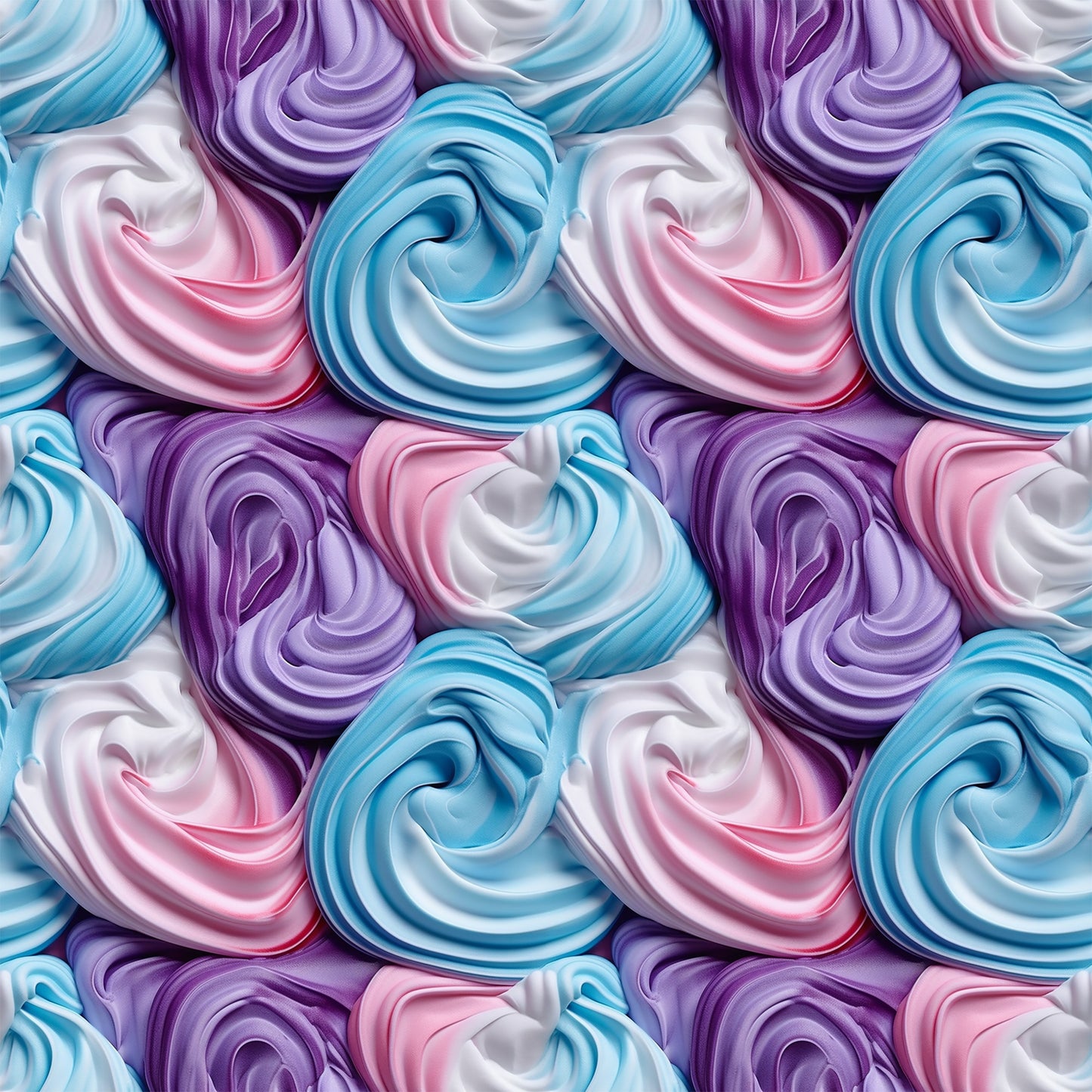 frosting swirls, meringue pattern, pastel colors, lavender purple, sky blue, soft pink, white cream, spiral design, whipped texture, dessert motif, bakery theme, sweet treats, quilting cotton, fabric panel, repetitive pattern, confectionery art, sugar swirls, creamy texture, food illustration, seamless repeat