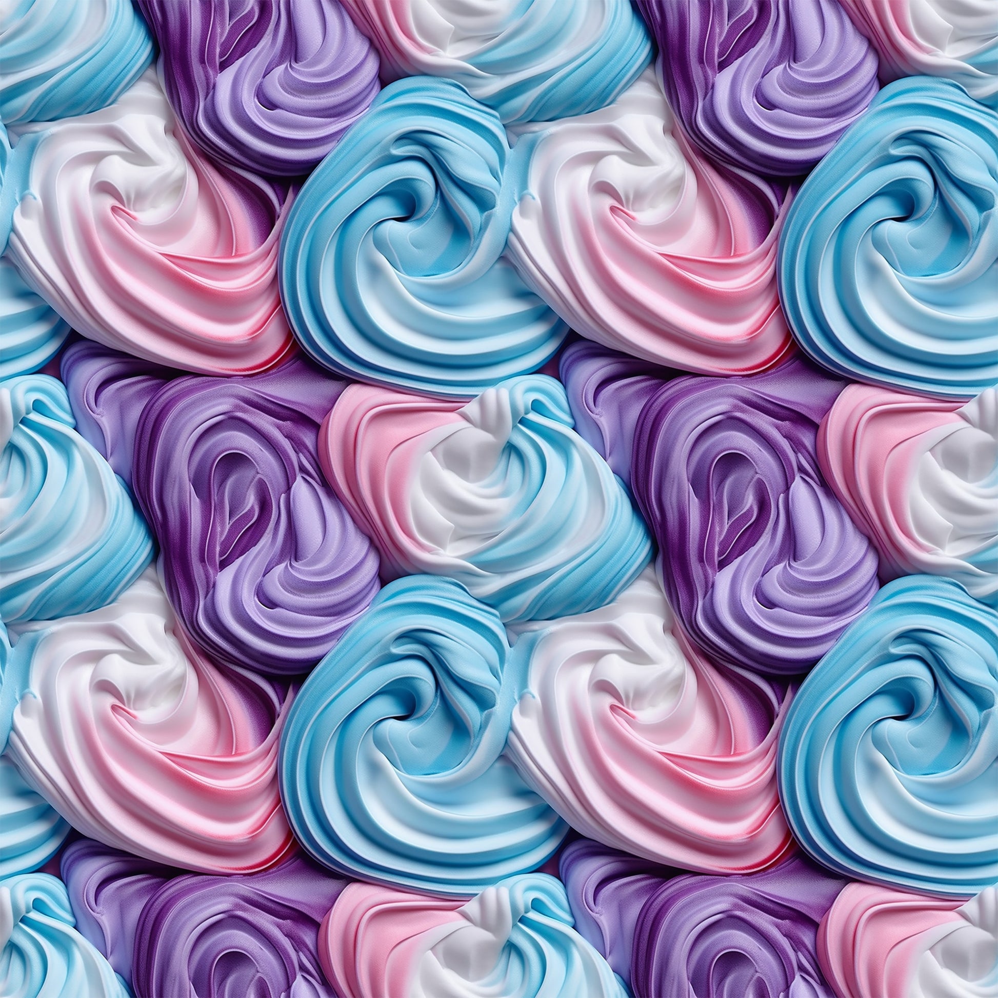 frosting swirls, meringue pattern, pastel colors, lavender purple, sky blue, soft pink, white cream, spiral design, whipped texture, dessert motif, bakery theme, sweet treats, quilting cotton, fabric panel, repetitive pattern, confectionery art, sugar swirls, creamy texture, food illustration, seamless repeat