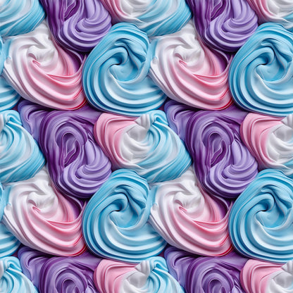 frosting swirls, meringue pattern, pastel colors, lavender purple, sky blue, soft pink, white cream, spiral design, whipped texture, dessert motif, bakery theme, sweet treats, quilting cotton, fabric panel, repetitive pattern, confectionery art, sugar swirls, creamy texture, food illustration, seamless repeat