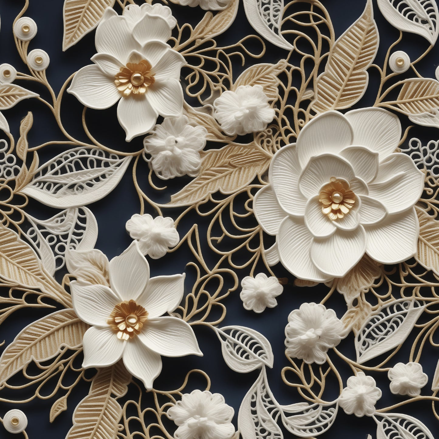 cream, ivory, beige, gold accents, navy blue background, floral motifs, lace pattern, tatting design, dimensional flowers, layered petals, intricate scrollwork, filigree details, quilting cotton, fabric panel, elegant florals, ornate leaves, decorative swirls, textured appearance, botanical elements, vintage lace style