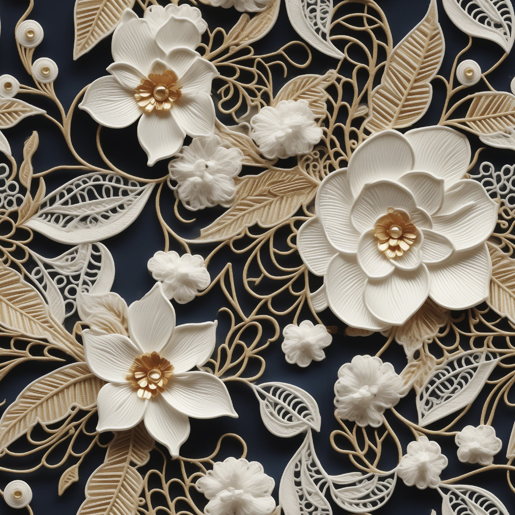 cream, ivory, beige, gold accents, navy blue background, floral motifs, lace pattern, tatting design, dimensional flowers, layered petals, intricate scrollwork, filigree details, quilting cotton, fabric panel, elegant florals, ornate leaves, decorative swirls, textured appearance, botanical elements, vintage lace style