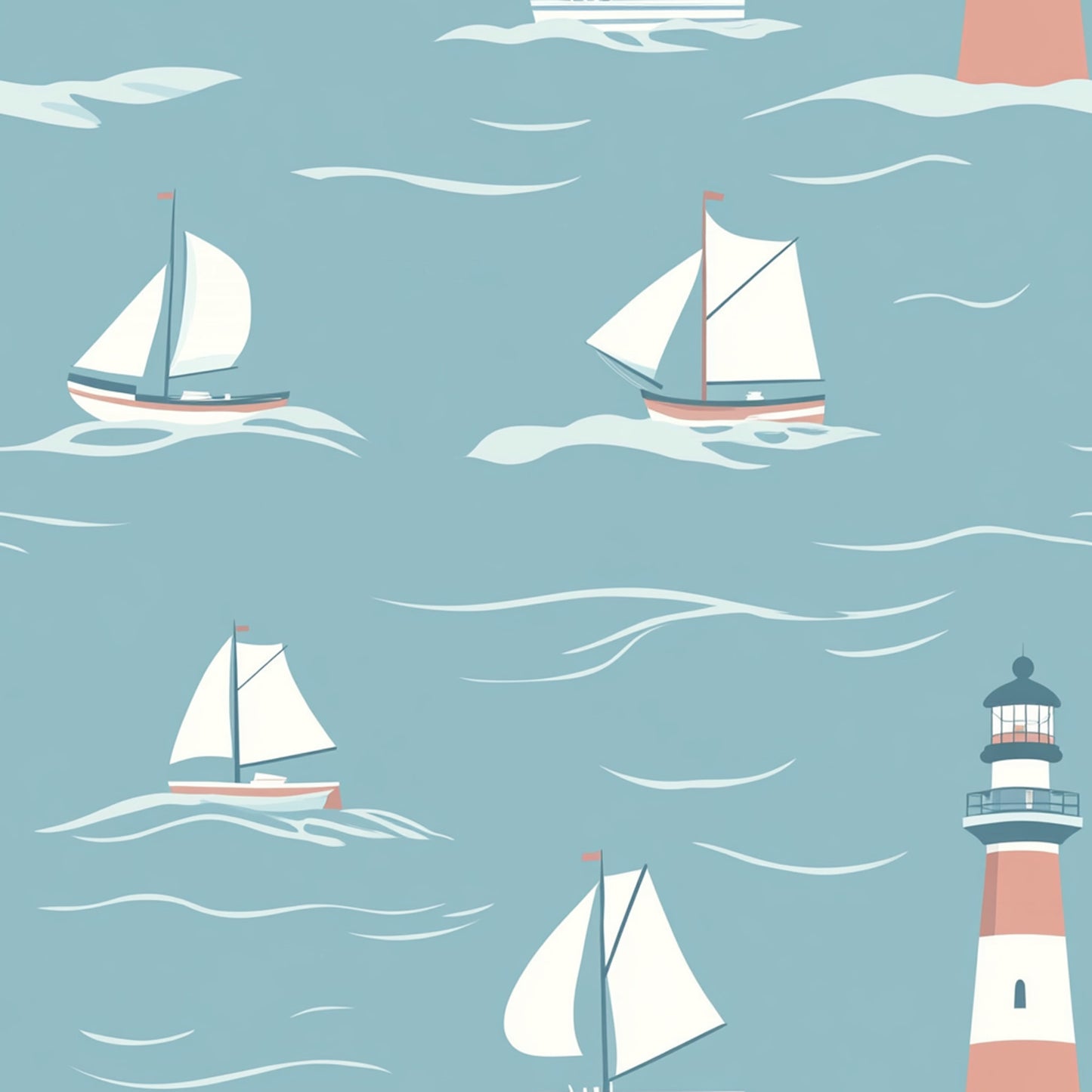sage green, coral pink, white, cream, lighthouse, sailboats, nautical pattern, ocean waves, maritime theme, coastal design, quilting cotton, fabric panel, sailing vessels, seascape, muted pastels, geometric waves, seaside motif, boat illustration, marine elements, soft colors