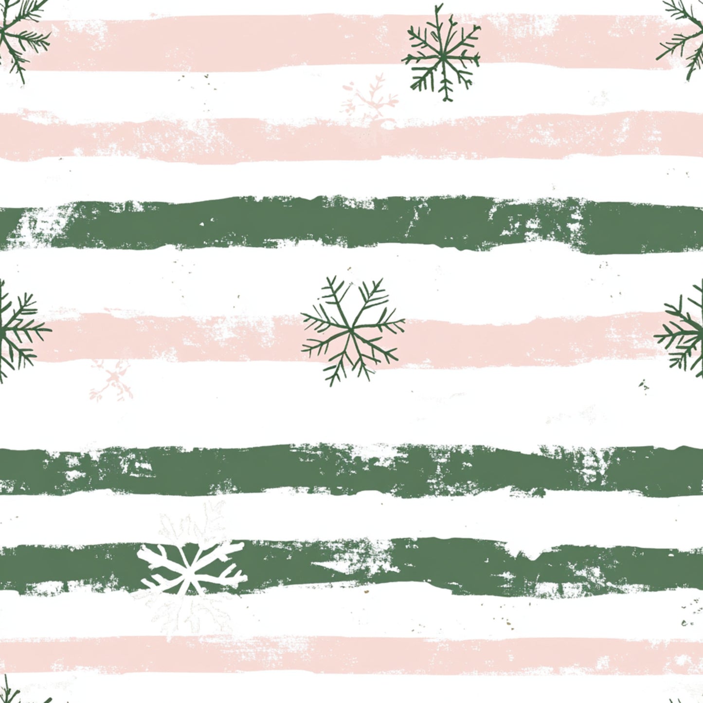 sweet pink, sage green, white, horizontal stripes, snowflakes, pine branches, evergreen sprigs, distressed texture, brush strokes, winter motifs, christmas theme, quilting cotton, fabric panel, seasonal design, festive pattern, holiday fabric, soft pastels, rustic finish, vintage style, botanical elements