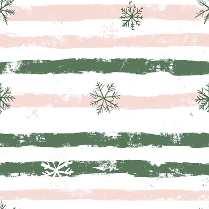 sweet pink, sage green, white, horizontal stripes, snowflakes, pine branches, evergreen sprigs, distressed texture, brush strokes, winter motifs, christmas theme, quilting cotton, fabric panel, seasonal design, festive pattern, holiday fabric, soft pastels, rustic finish, vintage style, botanical elements