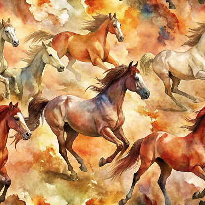 horses, wild horses, watercolor style, running horses, chestnut brown, cream white, orange, rust colors, golden yellow, earth tones, galloping motion, equestrian theme, western style, nature scene, quilting cotton, fabric panel, realistic horses, flowing manes, dynamic movement, warm palette
