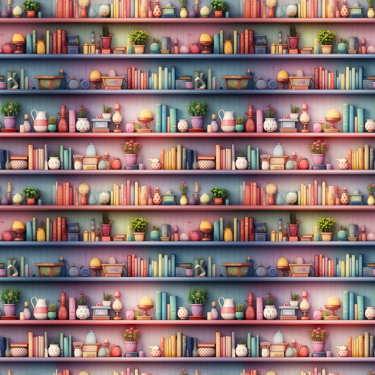 bookshelf pattern, quilting cotton, fabric panel, coral pink, sage green, blue books, pottery collection, potted plants, ceramic vases, decorative objects, repeating shelves, cozy interior, pastel colors, craft supplies, library theme, vintage style, whimsical illustration, home accessories, artistic rendering
