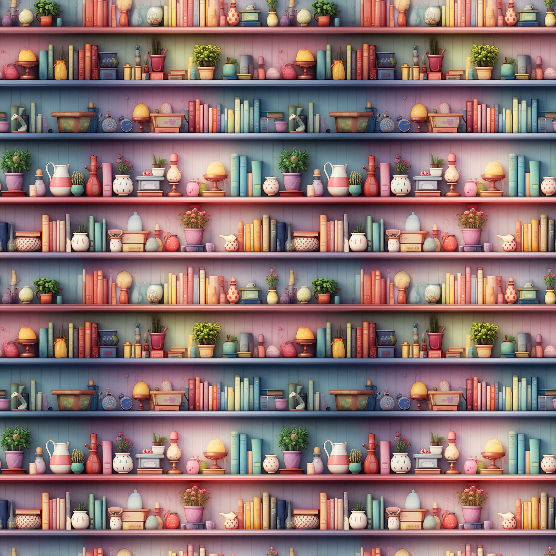 bookshelf pattern, quilting cotton, fabric panel, coral pink, sage green, blue books, pottery collection, potted plants, ceramic vases, decorative objects, repeating shelves, cozy interior, pastel colors, craft supplies, library theme, vintage style, whimsical illustration, home accessories, artistic rendering