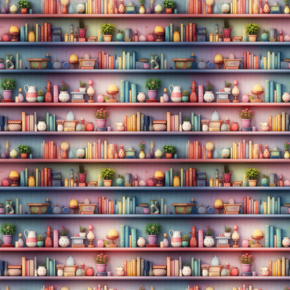 bookshelf pattern, quilting cotton, fabric panel, coral pink, sage green, blue books, pottery collection, potted plants, ceramic vases, decorative objects, repeating shelves, cozy interior, pastel colors, craft supplies, library theme, vintage style, whimsical illustration, home accessories, artistic rendering