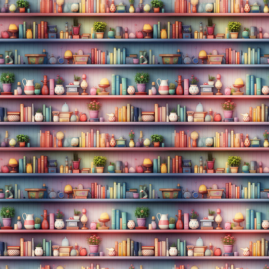 bookshelf pattern, quilting cotton, fabric panel, coral pink, sage green, blue books, pottery collection, potted plants, ceramic vases, decorative objects, repeating shelves, cozy interior, pastel colors, craft supplies, library theme, vintage style, whimsical illustration, home accessories, artistic rendering