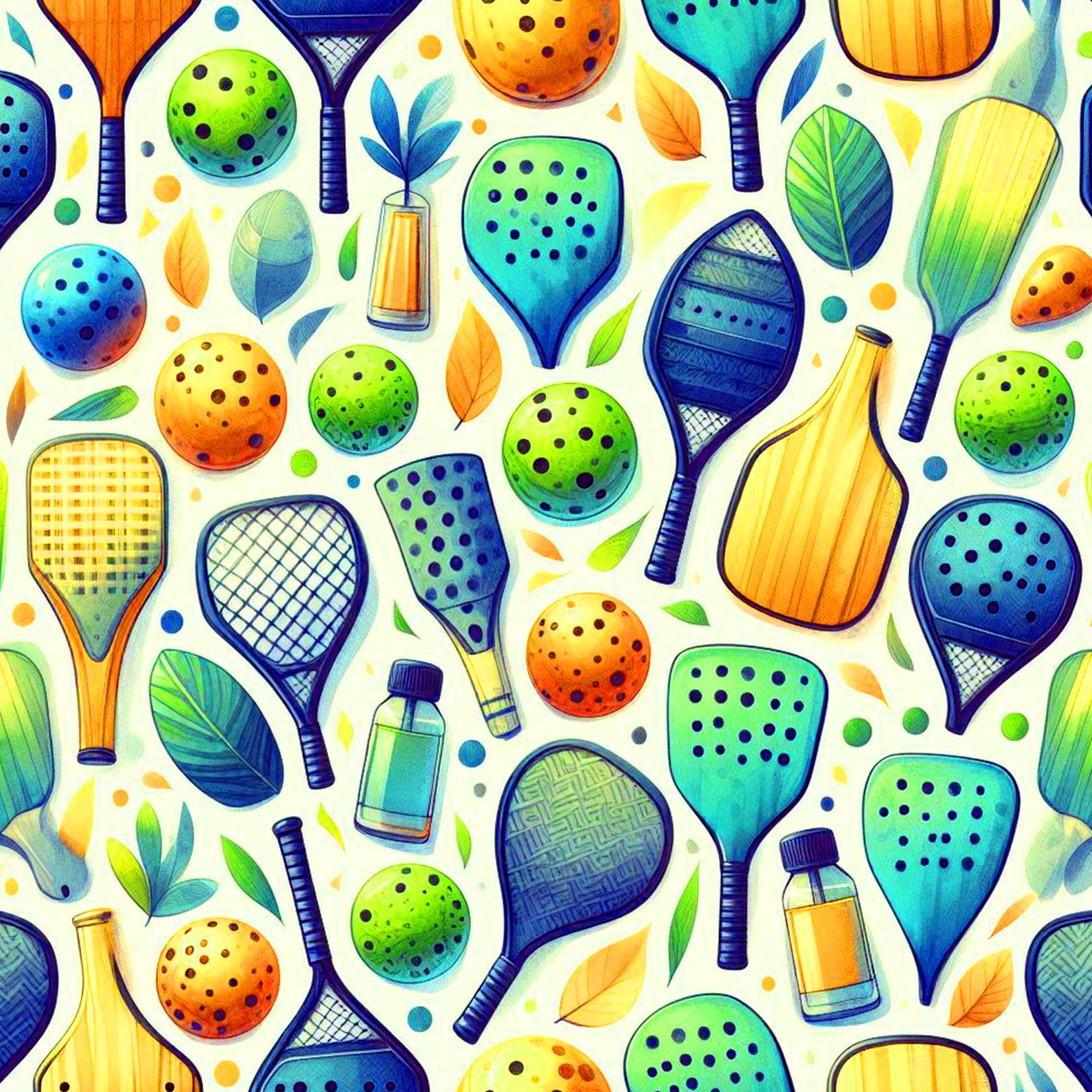 watercolor style, pickleball paddles, sports equipment, green balls, orange balls, blue balls, yellow paddles, teal paddles, geometric patterns, polka dots, scattered leaves, bottles, quilting cotton, fabric panel, athletic theme, recreational sports, bright colors, playful design, summer activities, racquet sports