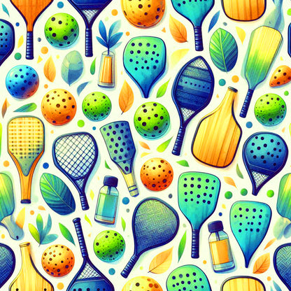 watercolor style, pickleball paddles, sports equipment, green balls, orange balls, blue balls, yellow paddles, teal paddles, geometric patterns, polka dots, scattered leaves, bottles, quilting cotton, fabric panel, athletic theme, recreational sports, bright colors, playful design, summer activities, racquet sports