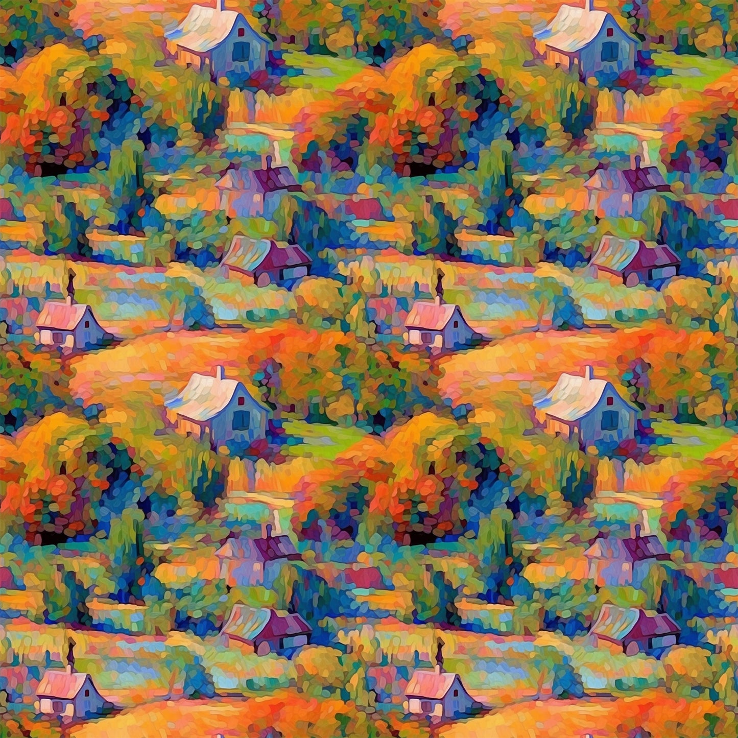 impressionist style, autumn foliage, cottage houses, vibrant orange, deep blue, emerald green, purple accents, landscape scene, painterly brushstrokes, rolling hills, colorful trees, rural cottages, artistic pattern, quilting cotton, fabric panel, fall colors, countryside scene, monet inspired, repeating motif, nature scenery
