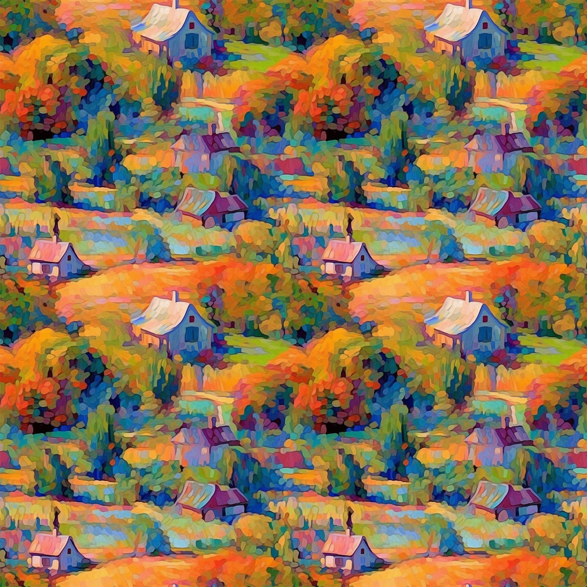 impressionist style, autumn foliage, cottage houses, vibrant orange, deep blue, emerald green, purple accents, landscape scene, painterly brushstrokes, rolling hills, colorful trees, rural cottages, artistic pattern, quilting cotton, fabric panel, fall colors, countryside scene, monet inspired, repeating motif, nature scenery