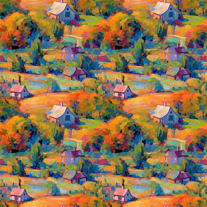 impressionist style, autumn foliage, cottage houses, vibrant orange, deep blue, emerald green, purple accents, landscape scene, painterly brushstrokes, rolling hills, colorful trees, rural cottages, artistic pattern, quilting cotton, fabric panel, fall colors, countryside scene, monet inspired, repeating motif, nature scenery