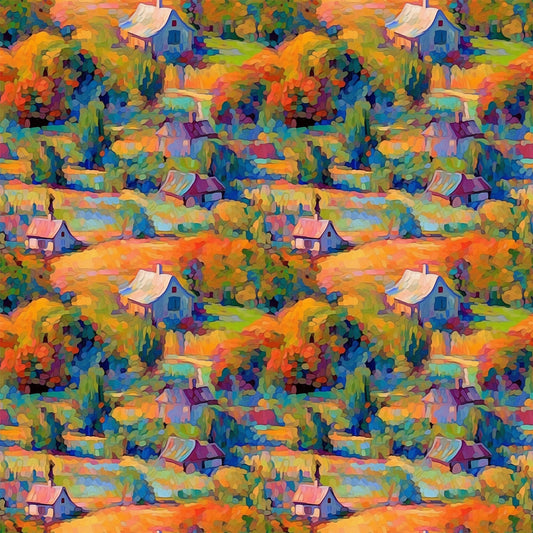 impressionist style, autumn foliage, cottage houses, vibrant orange, deep blue, emerald green, purple accents, landscape scene, painterly brushstrokes, rolling hills, colorful trees, rural cottages, artistic pattern, quilting cotton, fabric panel, fall colors, countryside scene, monet inspired, repeating motif, nature scenery