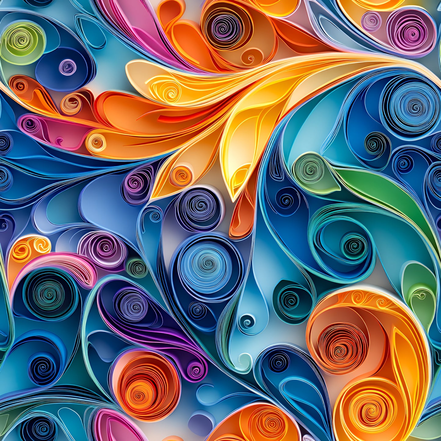 vibrant colors, paper quilling, swirled patterns, spiral designs, abstract art, orange, blue, purple, green, pink, yellow, teal, flowing curves, dimensional appearance, modern artistic, quilting cotton, fabric panel, rolled paper effect, contemporary style, colorful swirls