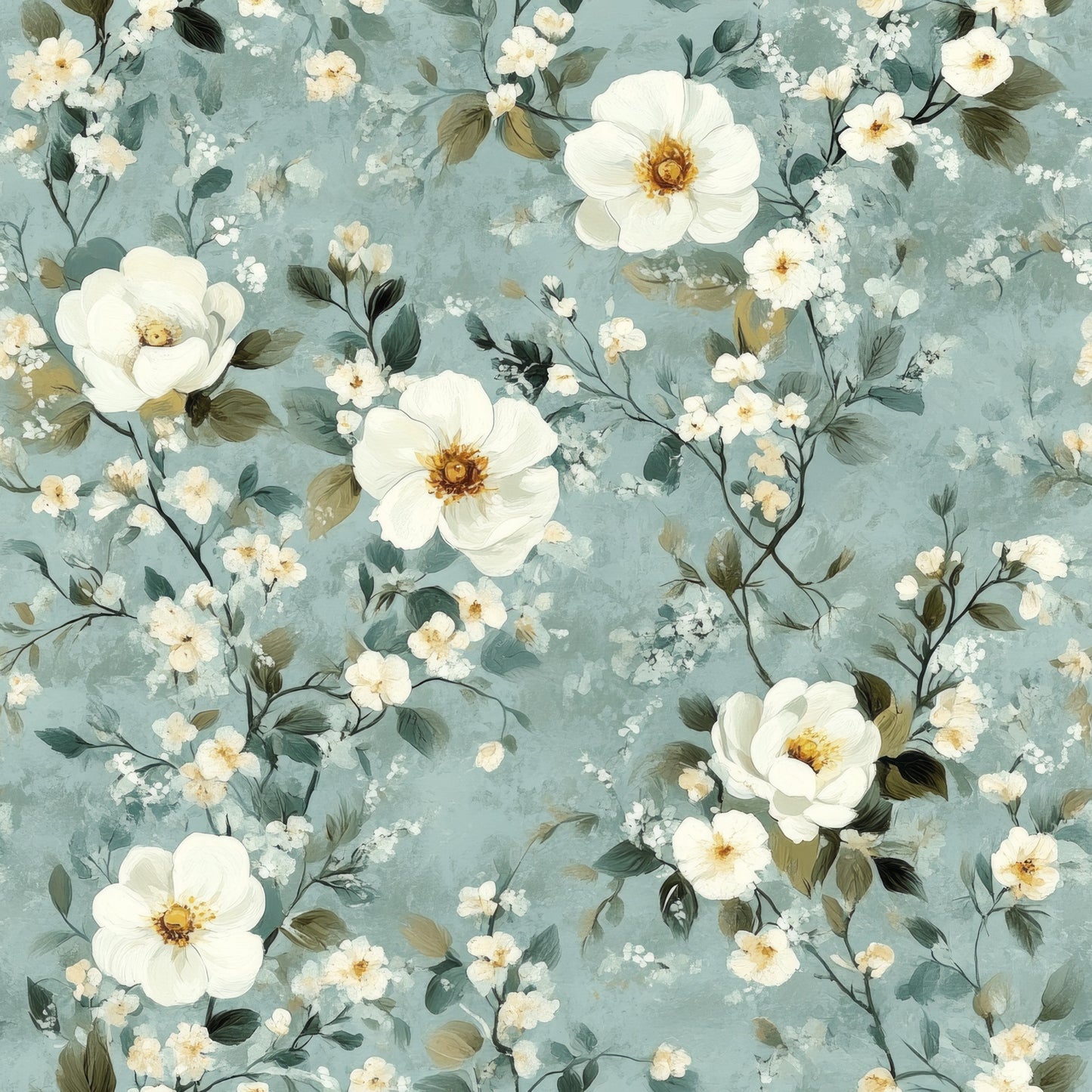 cornflower blue, sage green, cream white, golden yellow, floral pattern, botanical design, roses, small flowers, delicate blooms, leaves, branches, vintage style, romantic mood, quilting cotton, fabric panel, watercolor effect, soft pastels, feminine design, garden flowers, repeating pattern