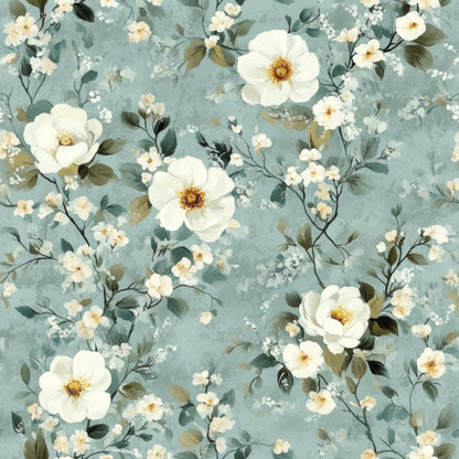 cornflower blue, sage green, cream white, golden yellow, floral pattern, botanical design, roses, small flowers, delicate blooms, leaves, branches, vintage style, romantic mood, quilting cotton, fabric panel, watercolor effect, soft pastels, feminine design, garden flowers, repeating pattern