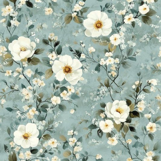 cornflower blue, sage green, cream white, golden yellow, floral pattern, botanical design, roses, small flowers, delicate blooms, leaves, branches, vintage style, romantic mood, quilting cotton, fabric panel, watercolor effect, soft pastels, feminine design, garden flowers, repeating pattern