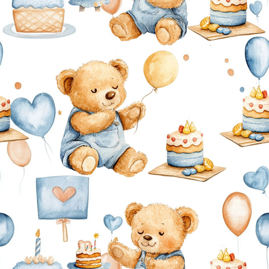 blue teddy bear, baby boy, watercolor style, quilting cotton, fabric panel, birthday theme, balloons, cake slices, heart shapes, pastel colors, orange accents, children's pattern, nursery design, cute animals, party elements, soft illustration, repeating motifs, baby fabric, craft material, sewing supplies