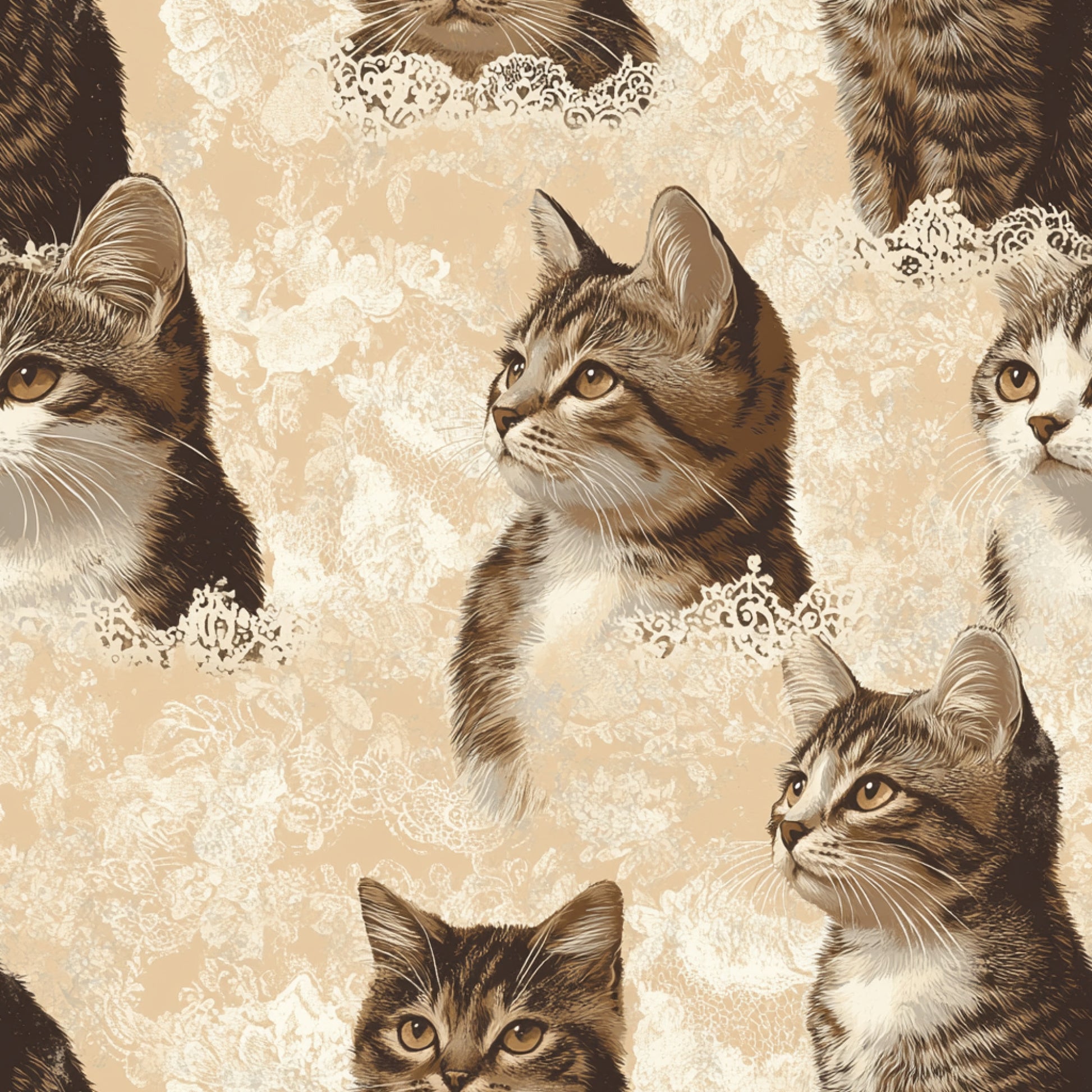 vintage cats, sepia tones, beige background, tabby cats, lace patterns, ornate details, realistic portraits, feline faces, brown shades, cream colors, decorative elements, quilting cotton, fabric panel, cat lovers, pet themed, intricate lacework, nostalgic style, warm palette, multiple cats, detailed illustration