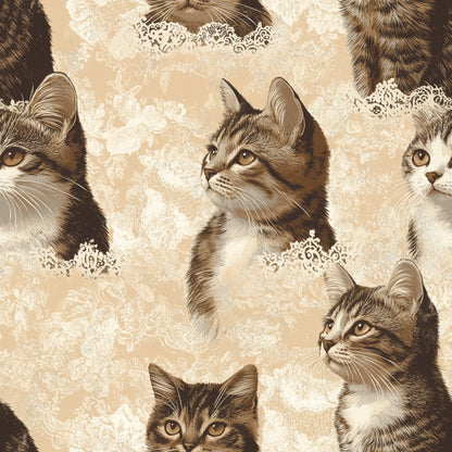 vintage cats, sepia tones, beige background, tabby cats, lace patterns, ornate details, realistic portraits, feline faces, brown shades, cream colors, decorative elements, quilting cotton, fabric panel, cat lovers, pet themed, intricate lacework, nostalgic style, warm palette, multiple cats, detailed illustration