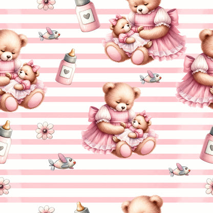 pink, soft pink, blush, teddy bears, baby bears, mother and child, nurturing, striped background, baby bottles, small birds, delicate flowers, ruffled dresses, gingham pattern, kawaii style, sweet, gentle, quilting cotton, fabric panel, nursery theme, baby shower, pastel colors, whimsical illustration, repeating pattern