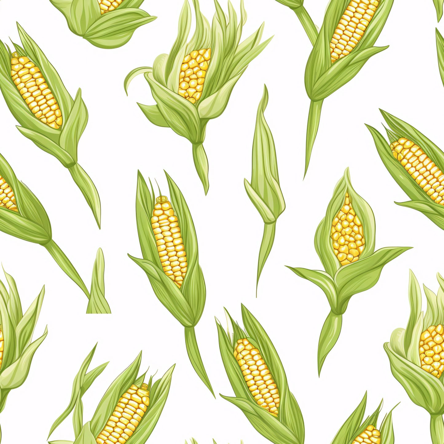 sweet corn, corn cobs, yellow kernels, green husks, corn leaves, botanical pattern, vegetable design, farm fresh, harvest theme, seamless repeat, quilting cotton, fabric panel, natural motifs, agricultural imagery, summer produce, golden yellow, sage green, realistic illustration, garden vegetables, food pattern