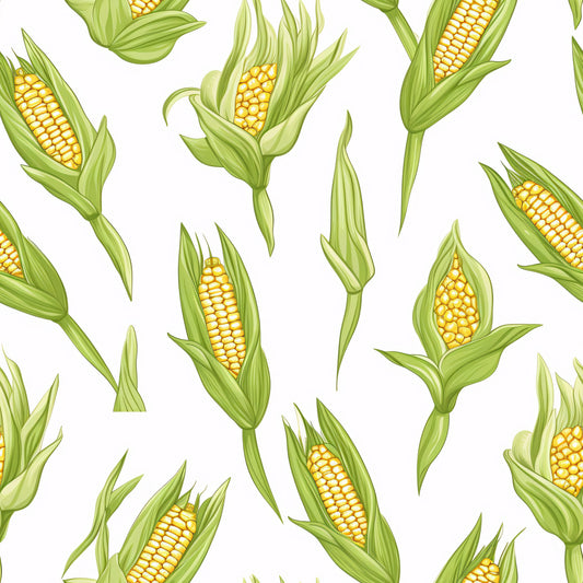 sweet corn, corn cobs, yellow kernels, green husks, corn leaves, botanical pattern, vegetable design, farm fresh, harvest theme, seamless repeat, quilting cotton, fabric panel, natural motifs, agricultural imagery, summer produce, golden yellow, sage green, realistic illustration, garden vegetables, food pattern