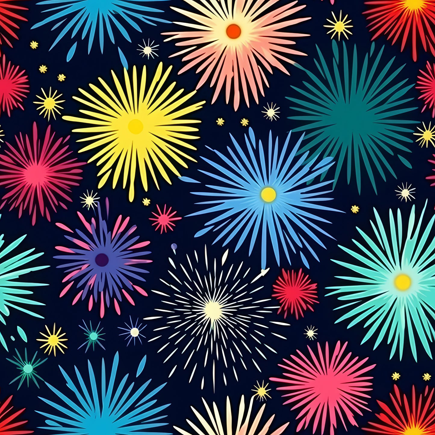 fireworks, starburst, radial design, navy blue background, yellow, pink, turquoise, teal, coral, white, multicolored, celebration, festive, geometric bursts, quilting cotton, fabric panel, bright colors, explosive pattern, night sky, holiday theme