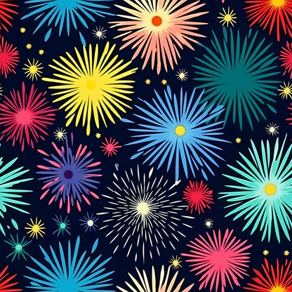 fireworks, starburst, radial design, navy blue background, yellow, pink, turquoise, teal, coral, white, multicolored, celebration, festive, geometric bursts, quilting cotton, fabric panel, bright colors, explosive pattern, night sky, holiday theme