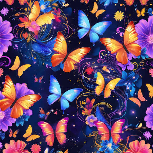 butterflies, fantasy pattern, quilting cotton, fabric panel, vibrant colors, deep blue background, orange butterflies, purple flowers, blue butterflies, yellow accents, pink florals, magical swirls, whimsical design, nature motifs, colorful wings, floral elements, sparkle effects, dreamy atmosphere, gradient colors, artistic butterflies
