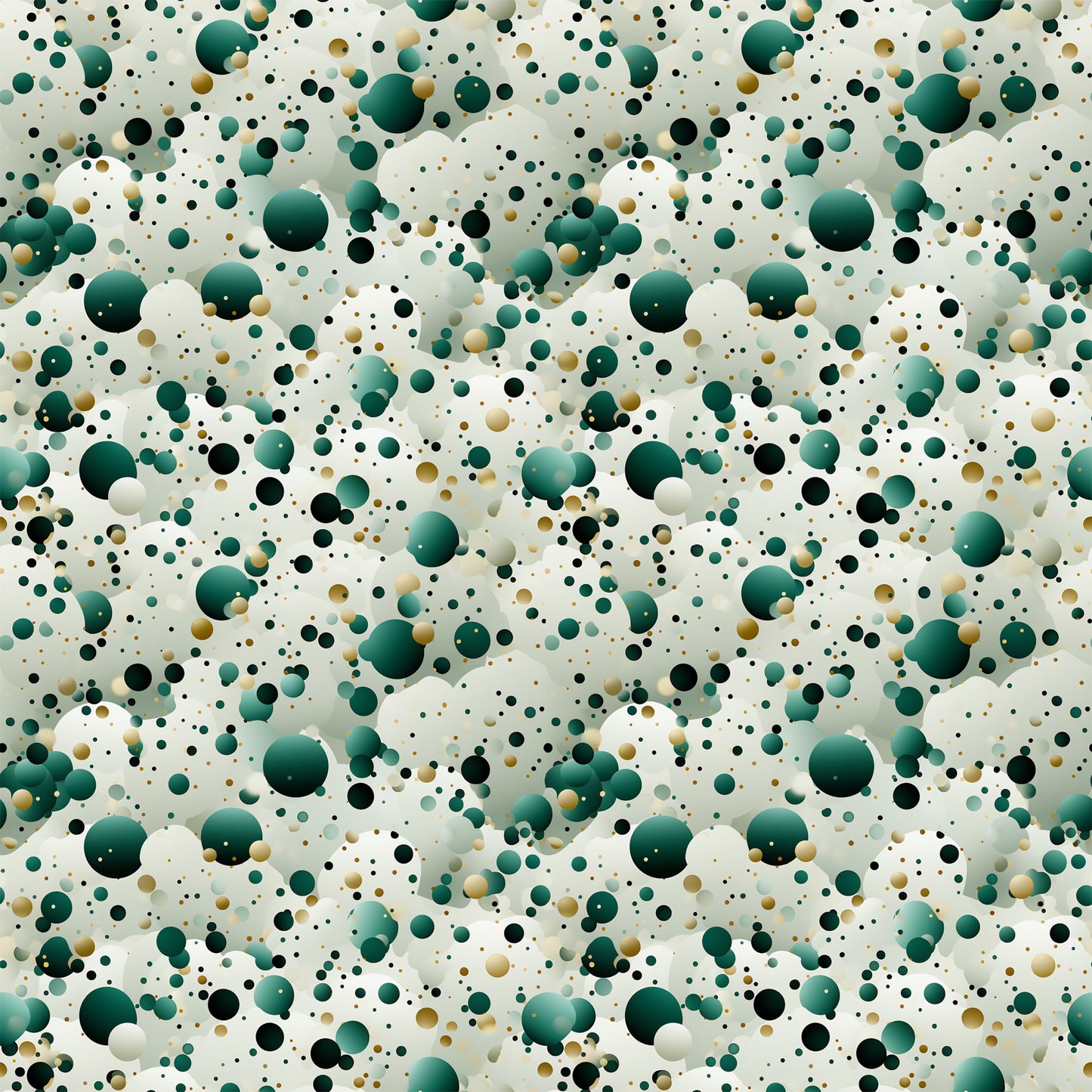 green, teal, emerald, black, gold, cream, beige, confetti pattern, polka dots, circles, scattered dots, random placement, abstract design, geometric shapes, festive, celebratory, modern style, quilting cotton, fabric panel, party theme, bubble pattern