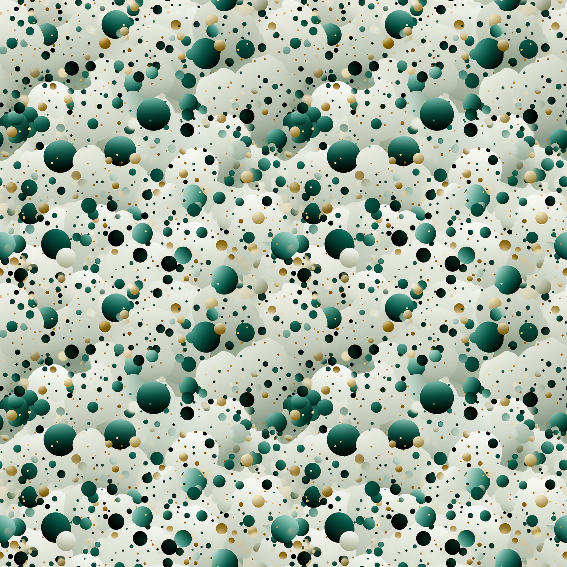 green, teal, emerald, black, gold, cream, beige, confetti pattern, polka dots, circles, scattered dots, random placement, abstract design, geometric shapes, festive, celebratory, modern style, quilting cotton, fabric panel, party theme, bubble pattern