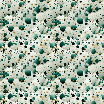 green, teal, emerald, black, gold, cream, beige, confetti pattern, polka dots, circles, scattered dots, random placement, abstract design, geometric shapes, festive, celebratory, modern style, quilting cotton, fabric panel, party theme, bubble pattern