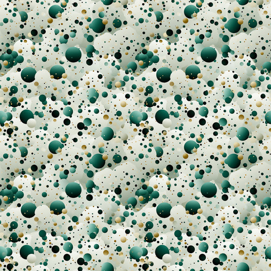 green, teal, emerald, black, gold, cream, beige, confetti pattern, polka dots, circles, scattered dots, random placement, abstract design, geometric shapes, festive, celebratory, modern style, quilting cotton, fabric panel, party theme, bubble pattern