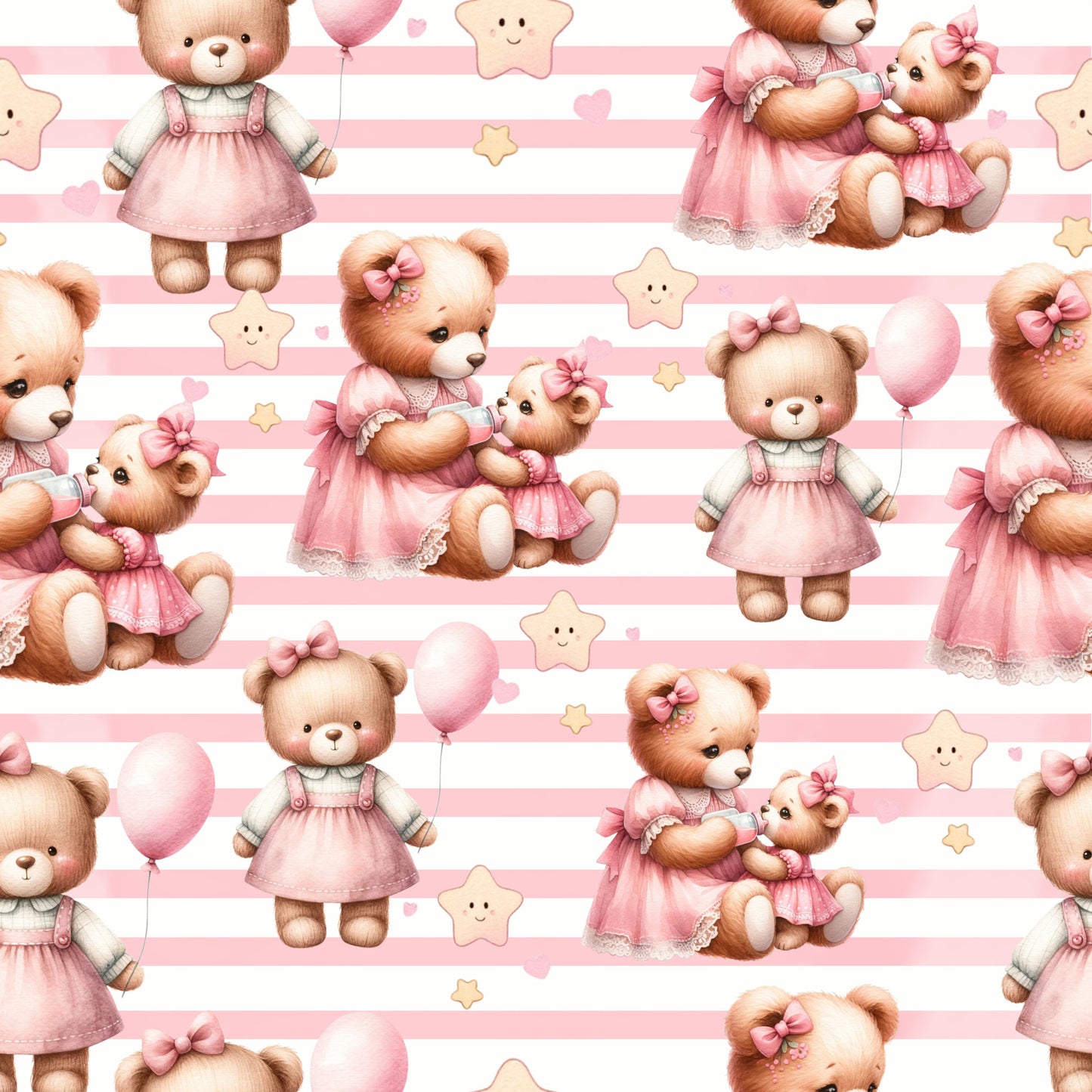 pink, baby bears, teddy bears, striped background, white stripes, pastel colors, cute animals, nursery theme, baby fabric, quilting cotton, fabric panel, kawaii style, adorable characters, pink dresses, balloons, stars, children's fabric, soft colors, repeating pattern, playful design