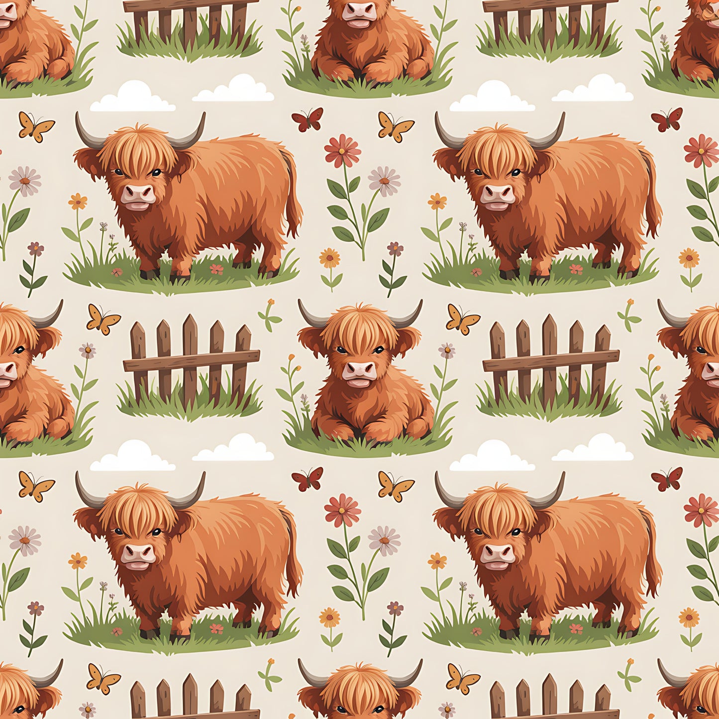 Cartoon Highland Cows Pattern 21 Quilting Cotton Fabric