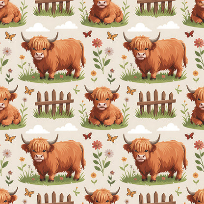 Cartoon Highland Cows Pattern 21 Quilting Cotton Fabric